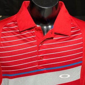 Oakley Men's Red and Gray Striped Polo Shirt